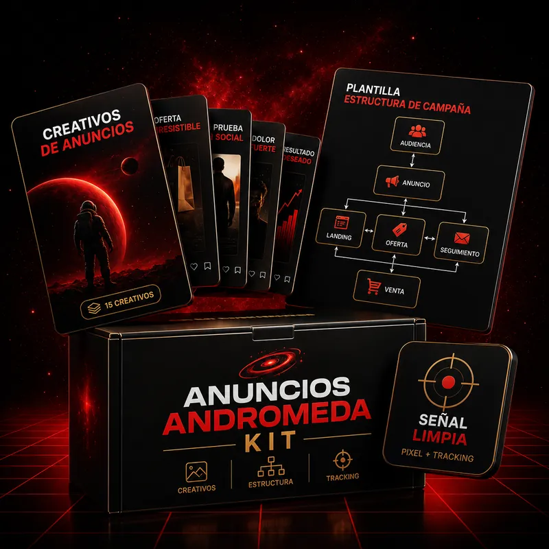 Mockup del Kit Andromeda: caja, swipe de creativos y plantilla de estructura de campaña