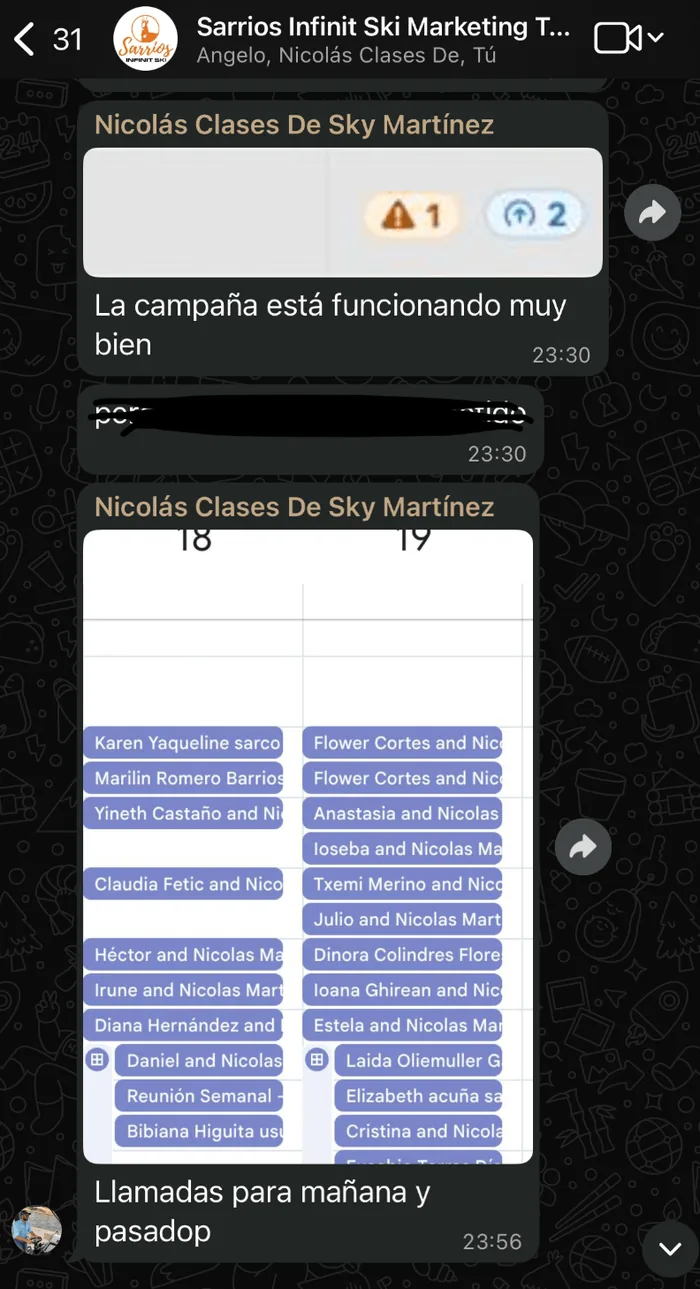 Chat de WhatsApp de un cliente: la campana esta funcionando muy bien, con la agenda llena de llamadas
