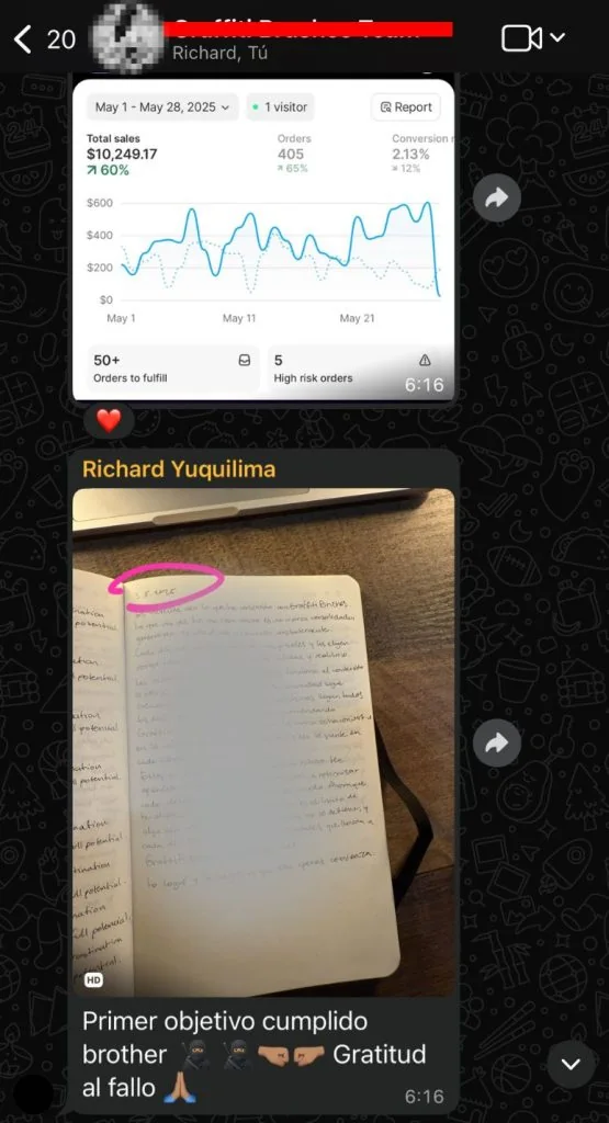 Chat de WhatsApp de un cliente: Shopify con 10.249 US en ventas, primer objetivo cumplido
