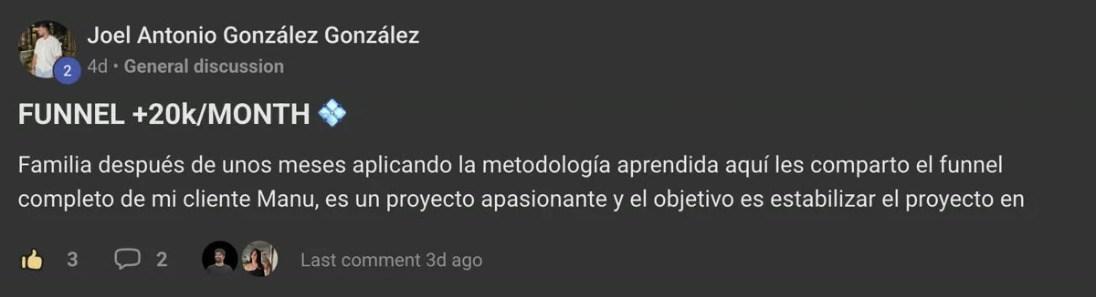 Post de comunidad de Joel: FUNNEL +20k al mes tras aplicar la metodologia